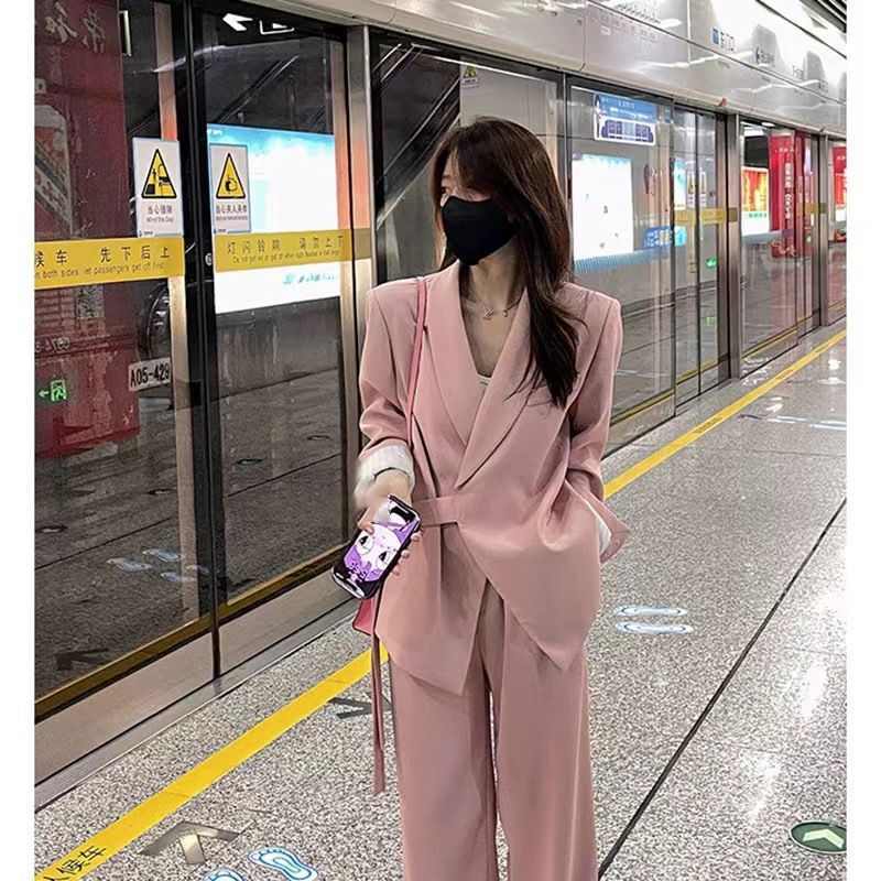 Sister-In-Law's New Spring and Autumn Style Plus-Size Loose Age-Reducing Wide-Leg Pants Two-Piece Suit with Belt