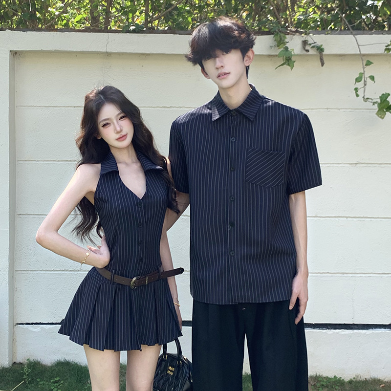 2026 Summer New Couple Outfits with a High-End Feel, Sleeveless Halter Pleated Dress, Men's Shirt