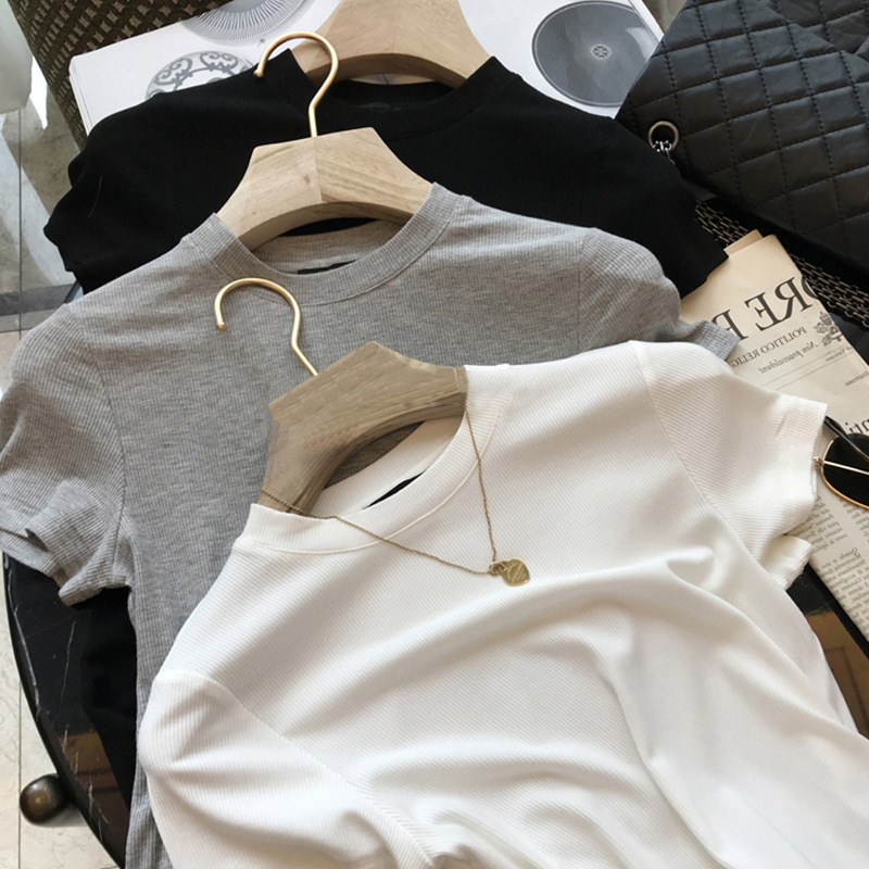 In-Stock New Fashion Modal Ribbed Base Shirt Round Neck Short Sleeve T-Shirt for Women