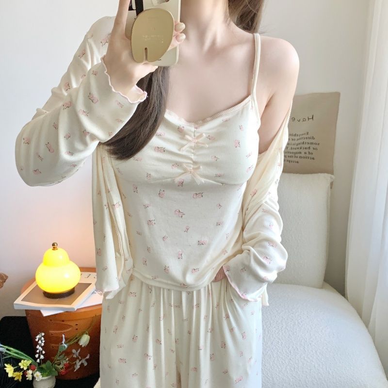 Women's Pajamas with Breast Pads, Pure Lust Style Floral Long-Sleeved Cardigan Suspenders Three-Piece Set Autum Thin Ins Women's Home Clothes