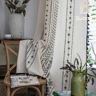 Cloth Dad Curtain American Style Bohemian Cotton and Linen Print Geometric Shading Living Room Bedroom Bay Window Kitchen Finished Curtain