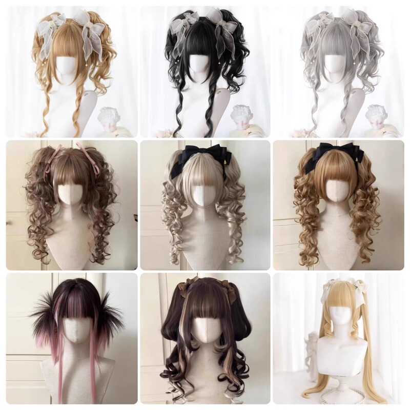 Lolita Wig Collection Ancient Himeji Girl's Double Ponytail Tiger Mouth Clip Daily Retro Harajuku Full Top Headgear
