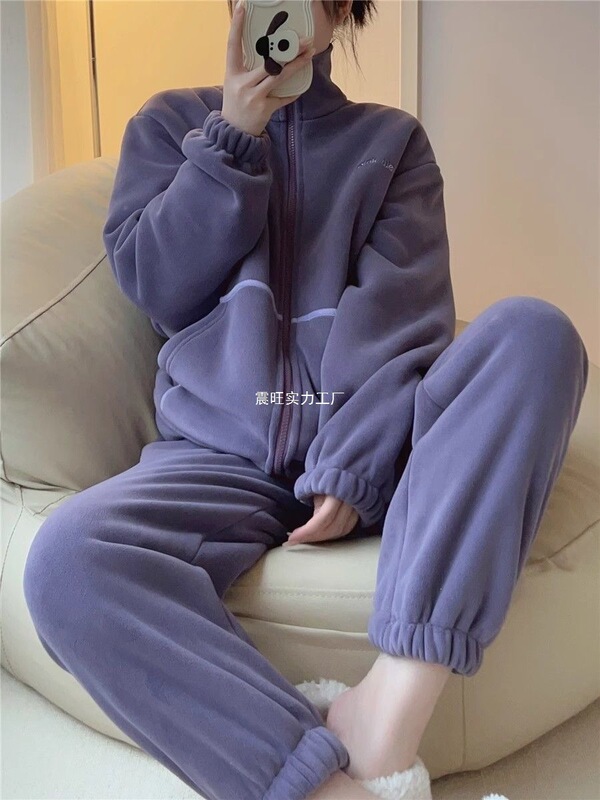 Simple Autumn and Winter Color New Style Polar Fleece Pajamas for Women, Warm, Casual, Loose, and Can Be Worn Outside as Home Wear Set Simple Autumn and Winter Color New Style Polar Fleece Pajamas for Women, Warm, Casual, Loose, and Can Be Worn Outside as Home Wear Set