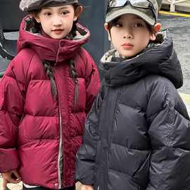 新款儿童中大童羽绒服男童女童韩版加肥加大短款连帽小孩加厚外套