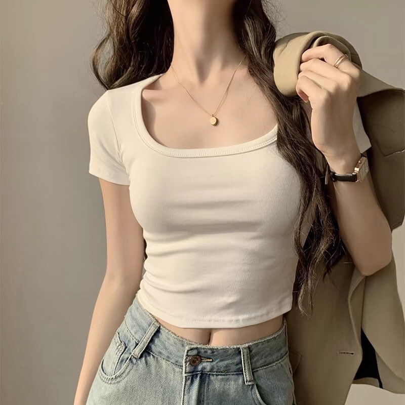 Gexifan Zheng Shoulder Square Collar Short-Sleeved T-Shirt Women's Summer 2025 New Small Short Navel-Baring U-Neck White Top Gexifan Zheng Shoulder Square Collar Short-Sleeved T-Shirt Women's Summer 2025 New Small Short Navel-Baring U-Neck White Top