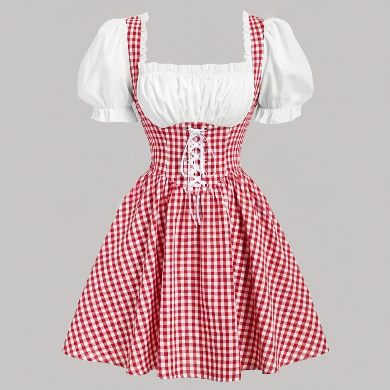European and American retro square-neck plaid patchwork plus-size dress, slimming for plus-size women, travel maxi dress, plus-size women's dress