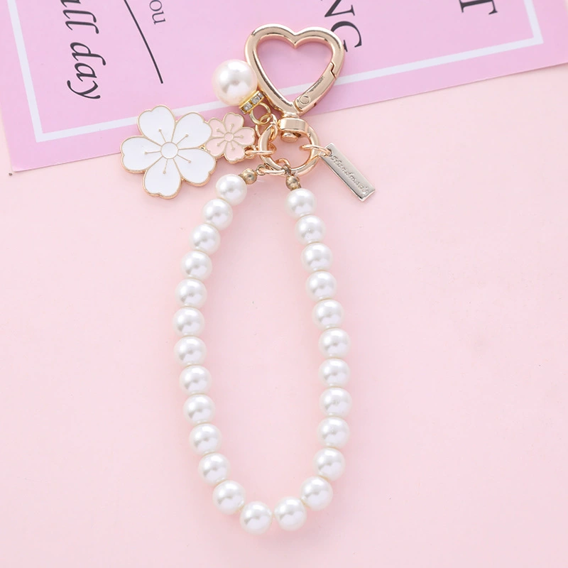 Two-Color Metal Keychain with Pearl Beads, Flower Pendant & Heart Clasp, Bag Charm
