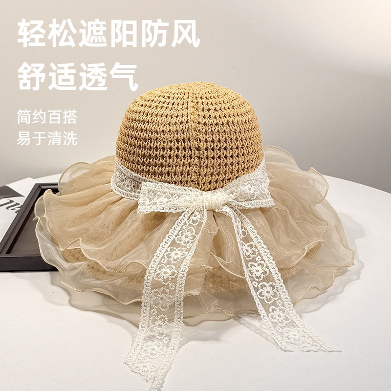 度假圆顶高级蝴蝶结遮阳帽蕾丝太阳帽感海边草帽女新款网纱无飘带
