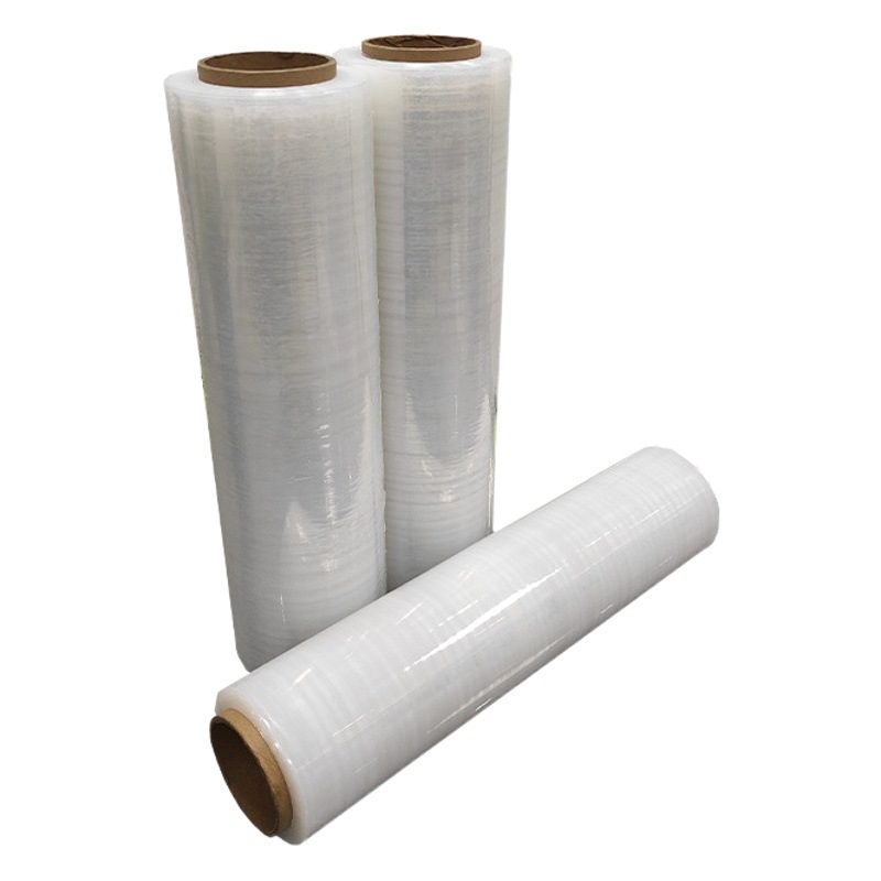 Fábrica al por mayor transparente recubierto PE bobina de película estirable bandeja de película recubierta mano película de embalaje de plástico