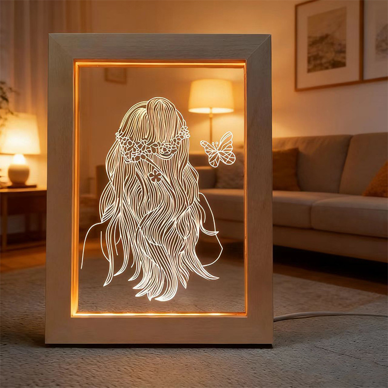 Amazon's New Wooden Crafts Creative Wooden Photo Frame Bedroom Luminous Photo Frame 3D Night Light Photo Frame Base