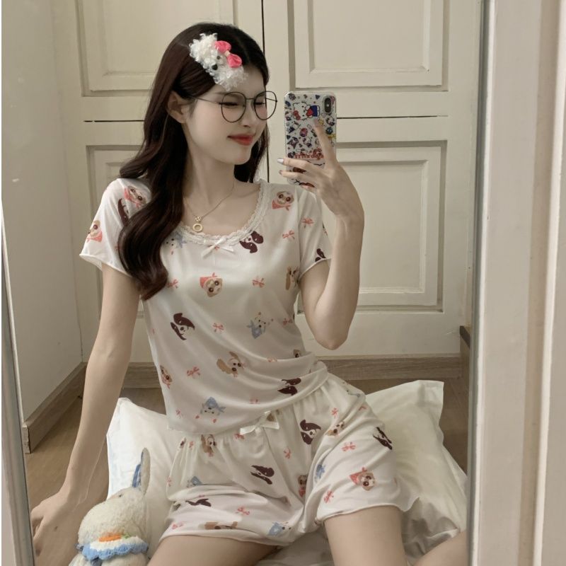 Pantalones cortos de manga corta con hilo de seda de hielo de verano al por mayor transfronterizo lindo encaje de dibujos animados coreanos ropa de hogar fresca pijamas mujeres