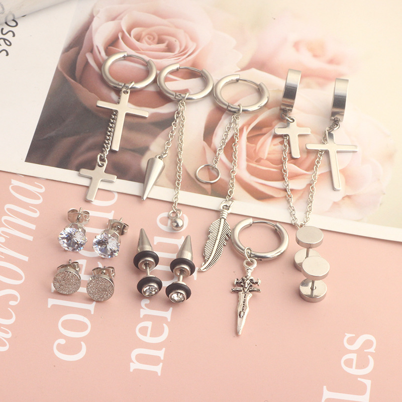 17 Pieces Set Men Stud Earrings Stainless Steel Pierced Earrings Set Black Silver Cross Earrings detail image 16