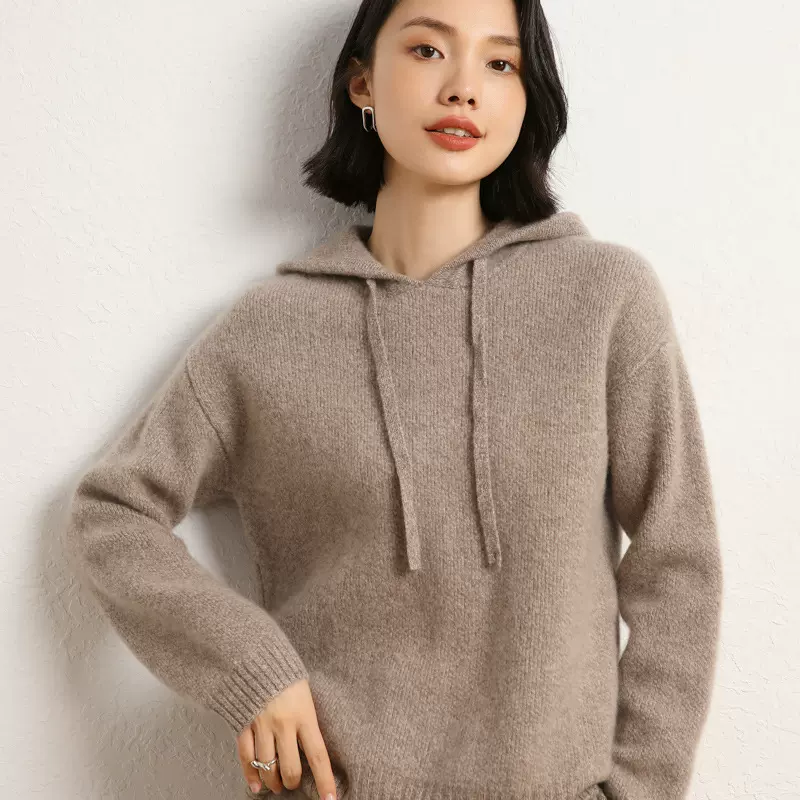 秋冬新款连帽山羊绒衫女加厚针织毛衣宽松休闲套头羊绒卫衣外穿