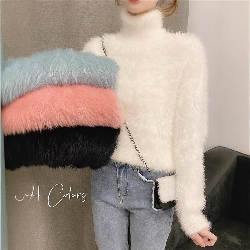 New Soft Waxy Knitwear for Women in Autumn and Winter Loose Pullover with Warm Top Mink Fur Half Turtleneck Bottoming Knitwear