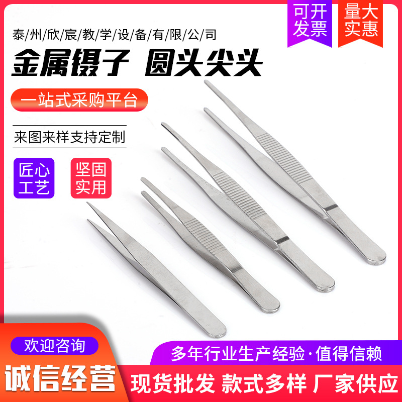 304不锈钢加厚圆头镊子实验室用金属尖头圆头镊子圆形精密