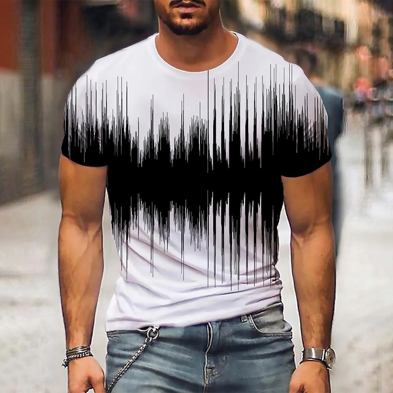 Men's T-Shirt Graphic 3D O-Neck Black White Stripes Oversized