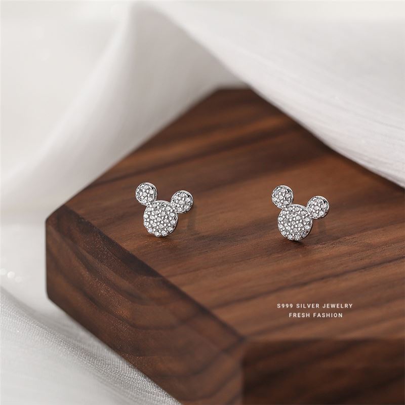 S999 Silver Mouse Stud Earrings For Women Sparkling Diamond Design_voghion.com