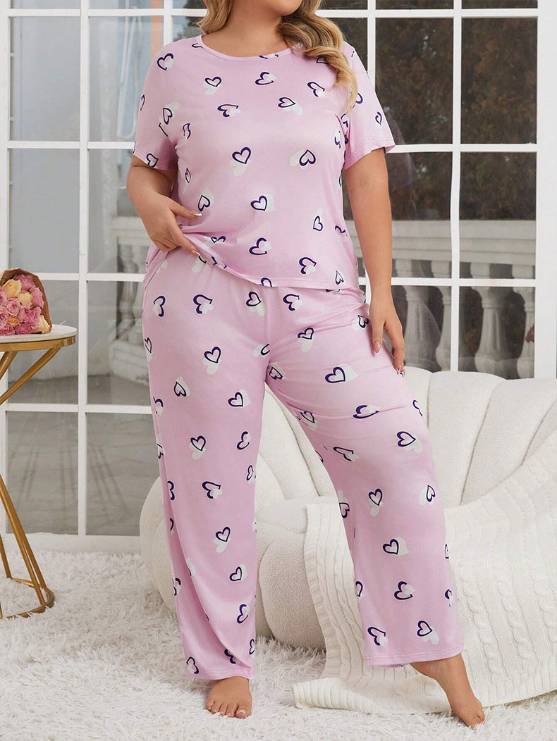 Dame nattøj sæt plus size med hjerteprint til efterår vinter_voghion.com