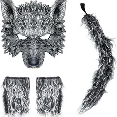 狼人服裝頭帶、狼耳朵頭帶狼耳朵尾巴和手套套裝狼服裝萬聖節裝扮