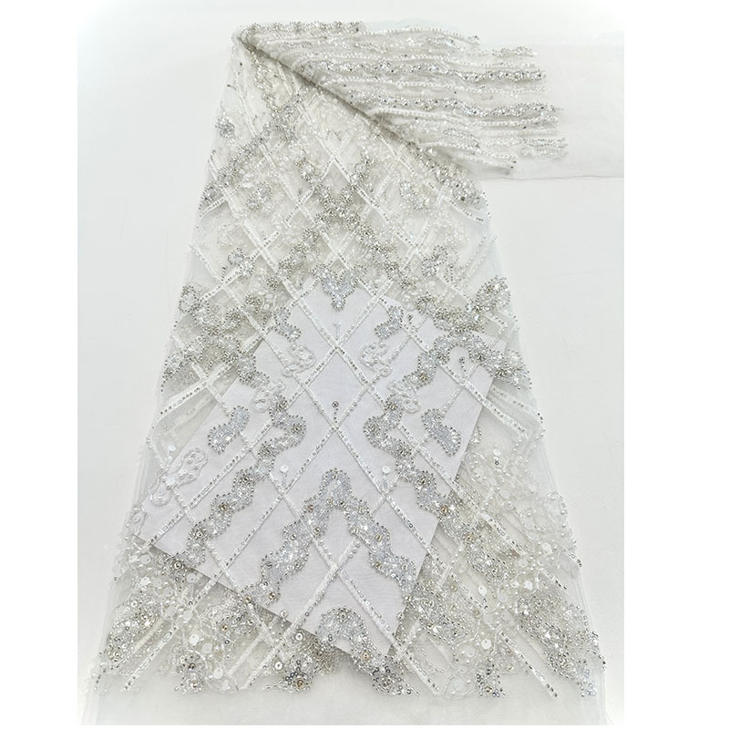 Blanco vestido francés simétrico tela bordada de perlas tela de encaje bordada de perlas tela de malla sequinada tela de boda