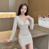 Sequin tight fitting long sleeved buttocks wrapped bottom dress