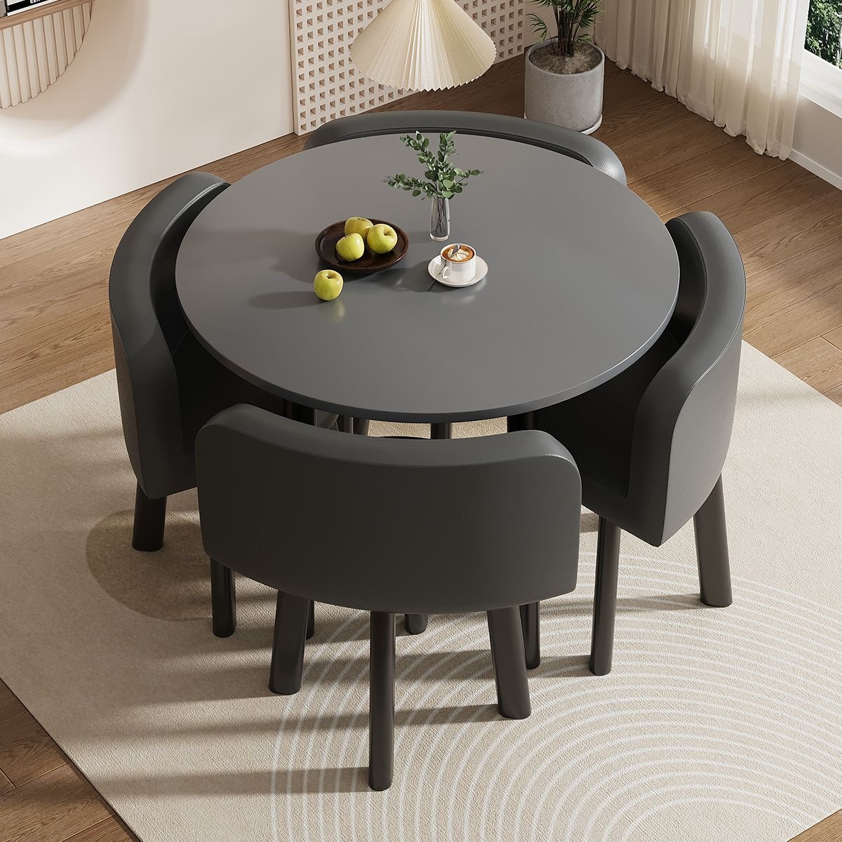 80cm gray round table +4 black leather chair