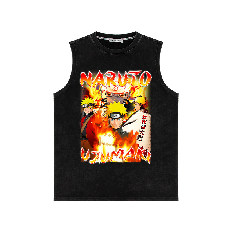 Summer New Style Washed Old Retro American Sleeveless Vest Heavyweight Naruto Anime Handsome Trendy Brand Top
