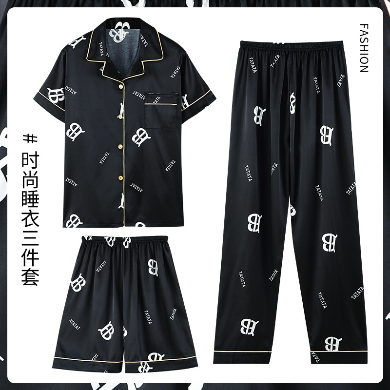 Pijamas de los hombres de verano de seda de hielo de manga corta de tres piezas traje de alta calidad de seda real japonés ins carta simple ropa para el hogar