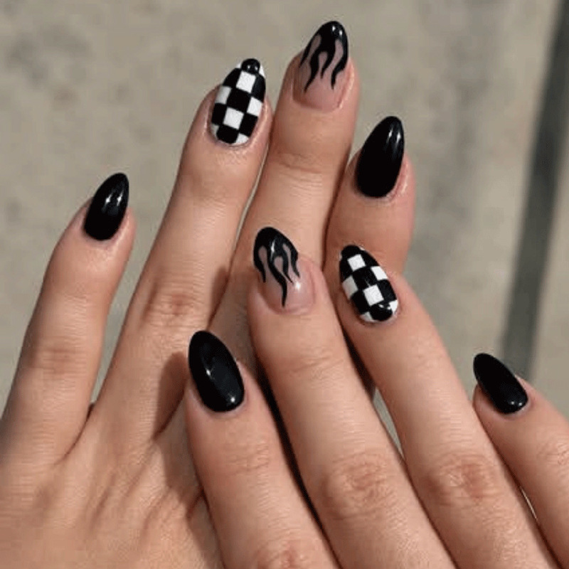 Y2K Black and White Checkered Flame Press-On Nails, Long Almond Manicure, Sweet Cool Girl Nude Base Black Flame False Nails