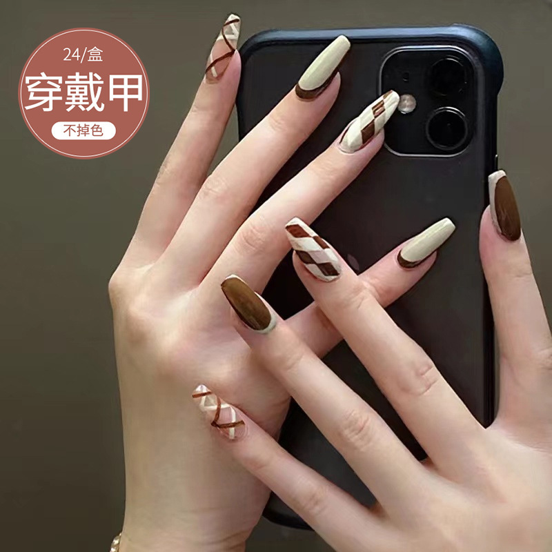 D022 Fake Nail Patch Removable French Style Geling Chessboard Long Nail Wearing Nail Patch Nail Patch Nail Patch