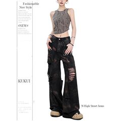 太ったmmアメリカ式ヒップホップのクールなタイ染めのワイドジーンズの女性の大きいサイズのカジュアルなヒップホップの穴を割った感じのズボン