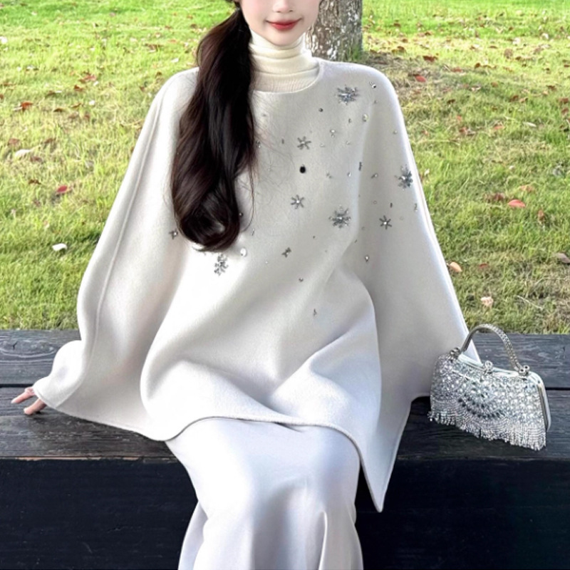 Tweed Style Double-Sided Wool Outwear, Rich Daughter's Winter Clothing, High-End Heavy Beaded Shawl, Cloak Woolen Outwear