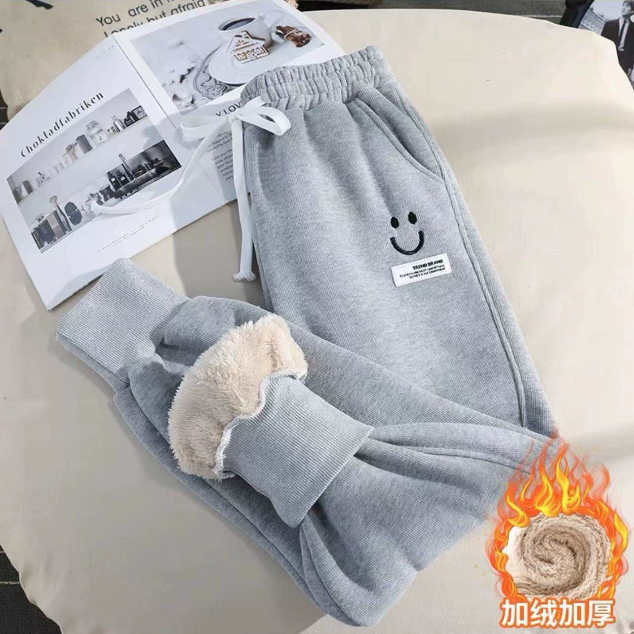 Sports winter velvet keep warm trousers for leisure, 2023 collection, oversize