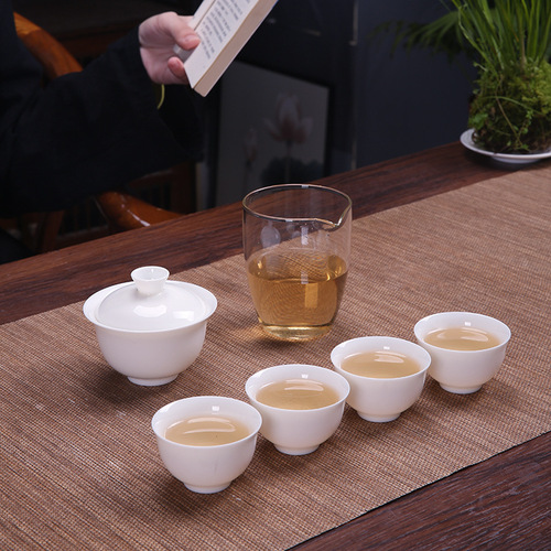 Sheer Jade White Porcelain Gongfu Tea Set Home Office Gaiwan Tea Cups Ceramic High-End Gift Custom Logo