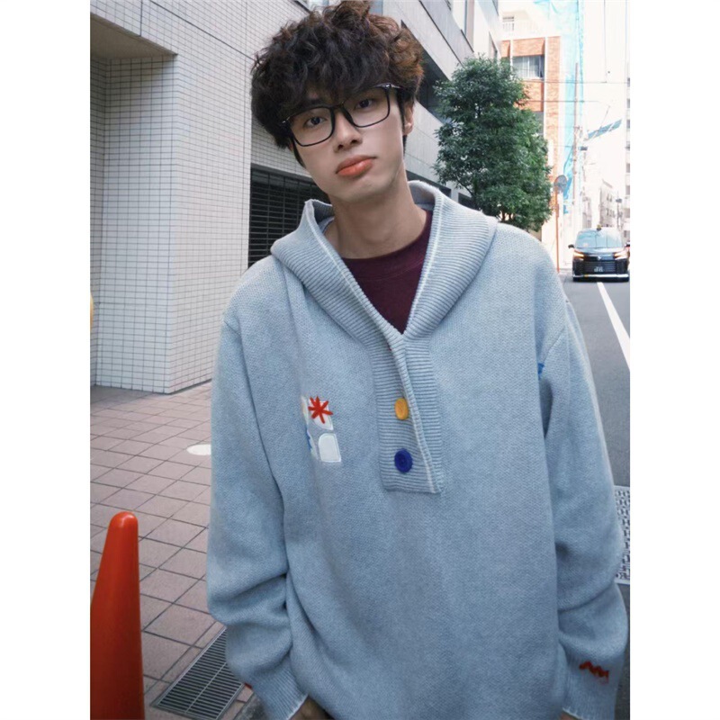 American Retro Embroidered Hooded Sweater Unisex Dopamine Color Loose Lazy Style Knit Cardigan Sweatshirt Jacket