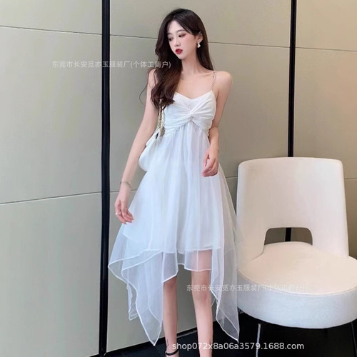 suspender dress, summer new style, Korean seaside vacation style, fairy suspender long dress