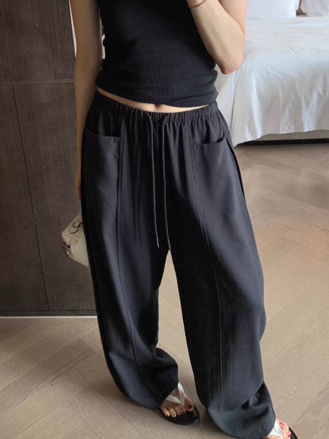 Quần culottes nữ ống rộng cạp thun dây rút vải linen mùa hè — màu đen, màu trắng ngà
