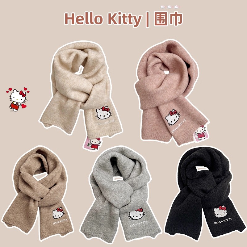 Cute Sanrio Hellokitty Knitted Wool Scarf for Women Winter Thickeneded and Warm Japanese Style Wool Scarf