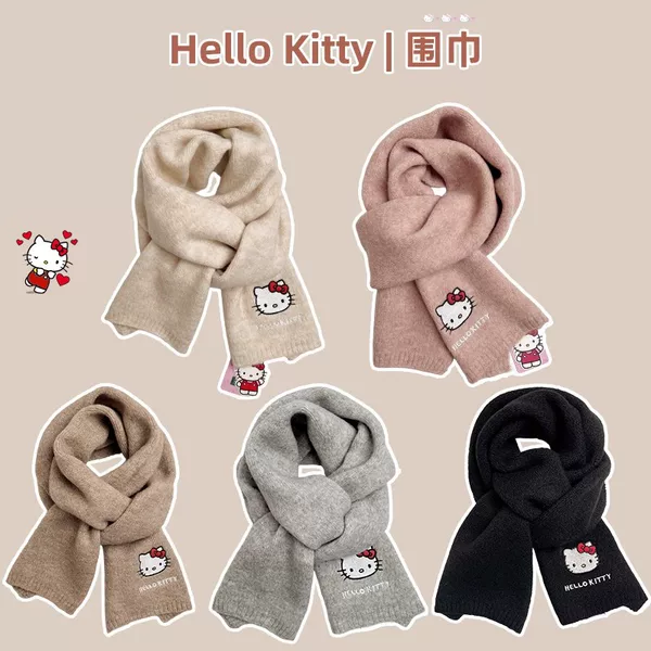 Cute Sanrio Hellokitty Knitted Wool Scarf for Women Winter Thickeneded and Warm Japanese Style Wool Scarf