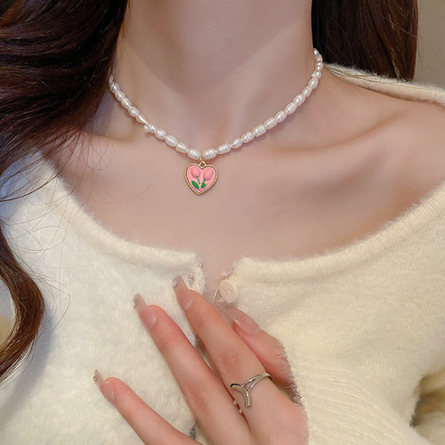 Flower Love Freshwater Pearl Necklace French Girl Heart Sweet Clavicle Chain Tulip Sexy Versatile Temperament Necklace