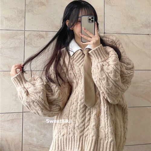Women's Autumn/Winter Korean Style Relaxed Fit Open Overcoat Thick V-neck Loose Grey Winter Knit Sweater Trendy