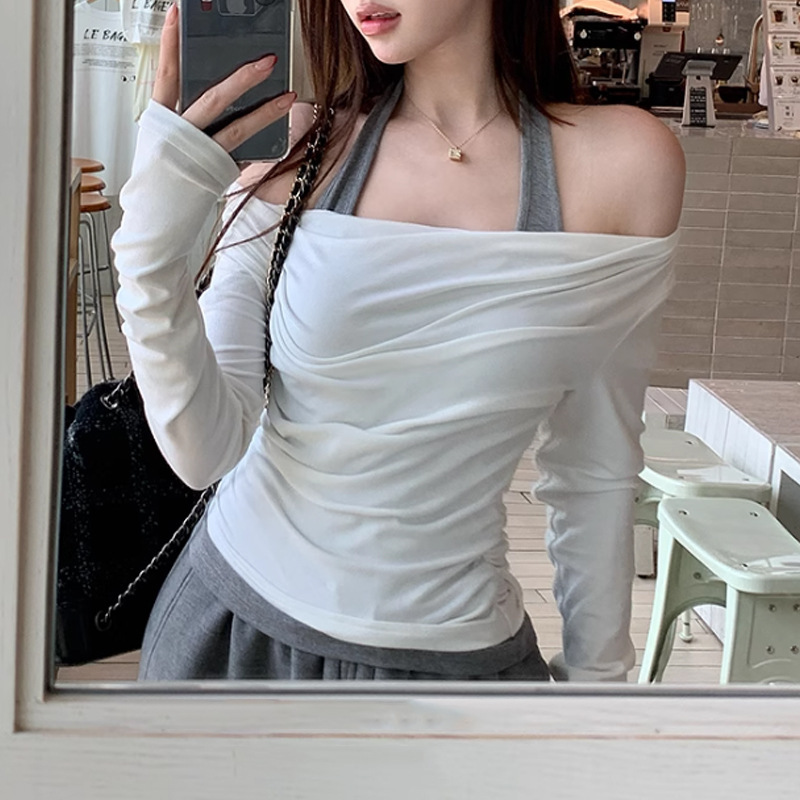 2025秋季新款【辣式crush】韩女香肩定律 假两件拼色挂脖上衣女装|undefined