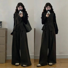 2025年秋季大码女装胖mm新款时尚显瘦毛呢马甲+T恤+阔腿裤三件套