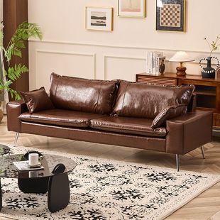 Simple Retro Living Room Oil Wax Leather Sofa Small Apartment Office Clothing Reception Antique Double Three-Person Sofa