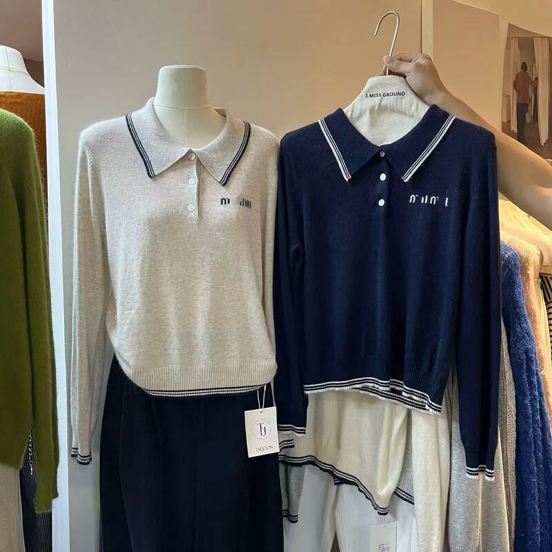 Contains Wool Cashmere Thirteen Lines Imiss High Quality Goods! 2025 Autumn Polo Embroidered Long-Sleeved Pullover Sweater for Women