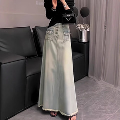 辣妹高腰毛边牛仔半身裙女春秋新款复古设计感A字中长款裙子显瘦