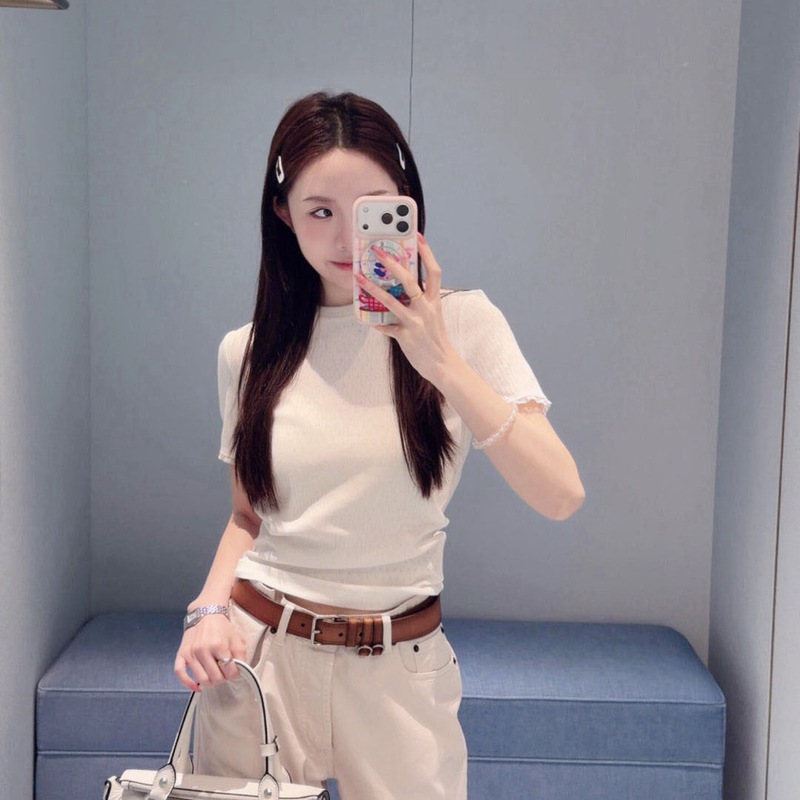 Nanyou high-end version M brand 2026 new model 408 lace-trimmed knit T-shirt