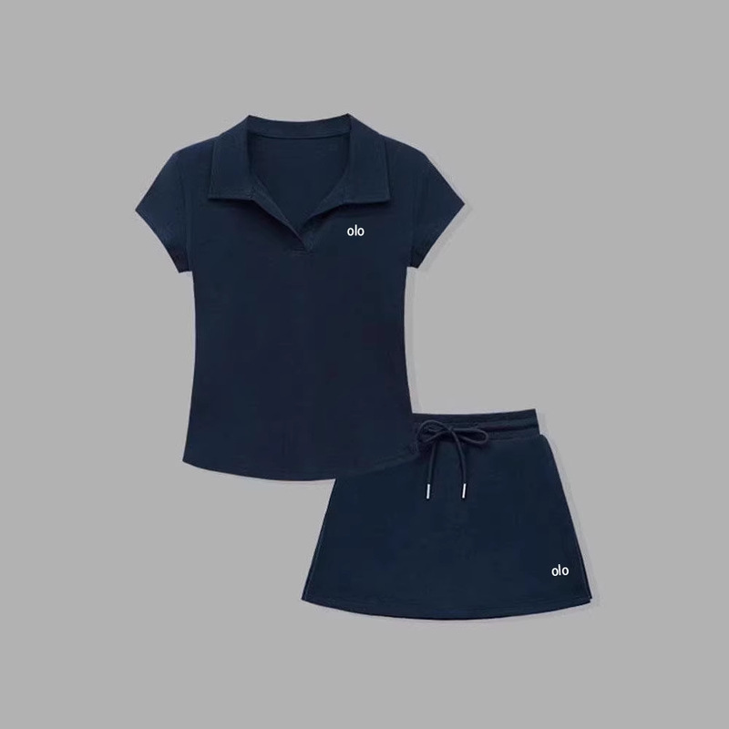 Alo Short-Sleeve Skirt Set High-End Version Original Design Niche Slimming Versatile Ins-Style Set ~ Cross-Border