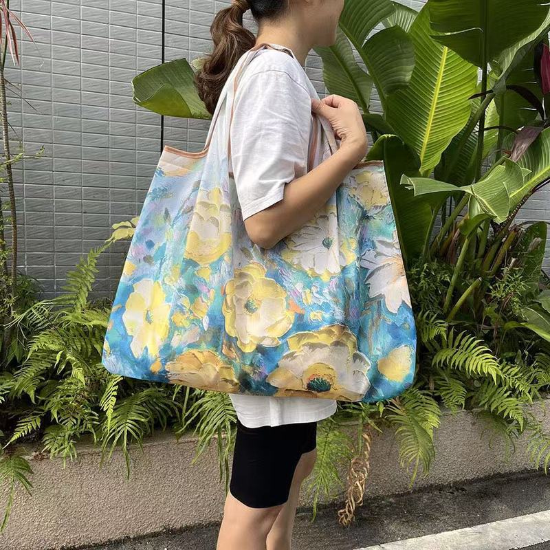 折りたたみ式環境に優しい旅行ポータブルスーパーマーケット大容量ショルダーショッピングバッグ女性の食料品ショッピングバッグ油絵シリーズショッピングバッグ|undefined