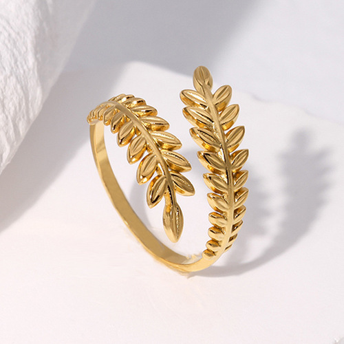 Cross-border leaf-shaped open titanium steel ring for women, simple and cool style, adjustable index finger ring, small fresh personalized ring